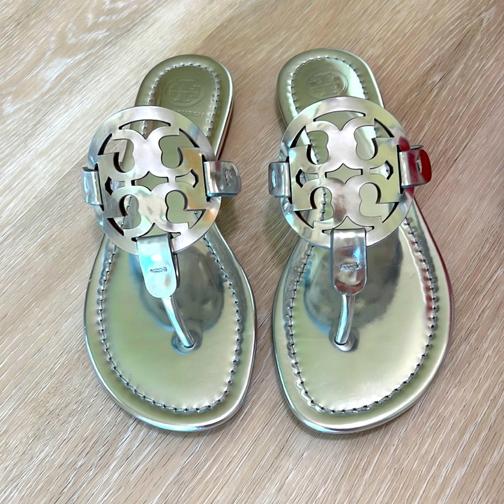 Tory Burch Miller Mirror Metallic Silver Sandals